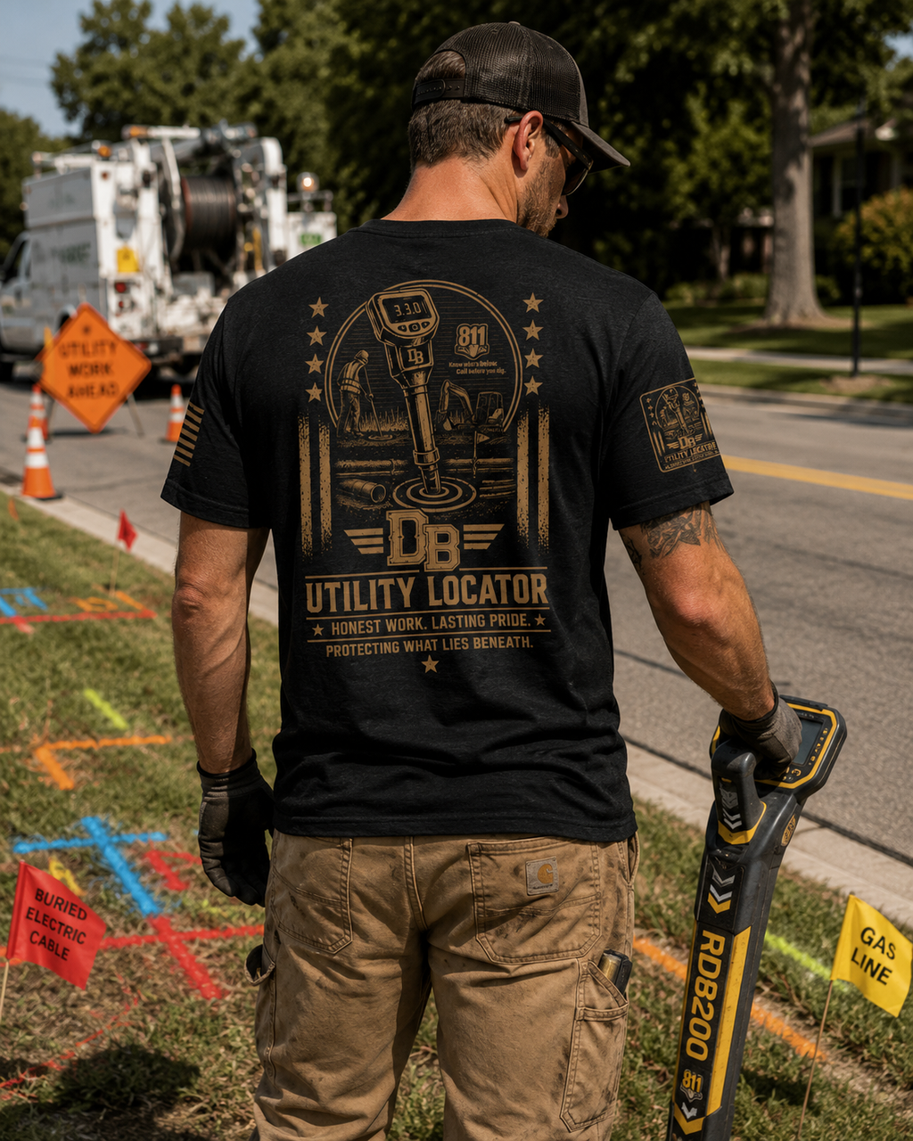     Utility locator wearing black DREKK Boots Co. graphic T-shirt while marking underground utilities