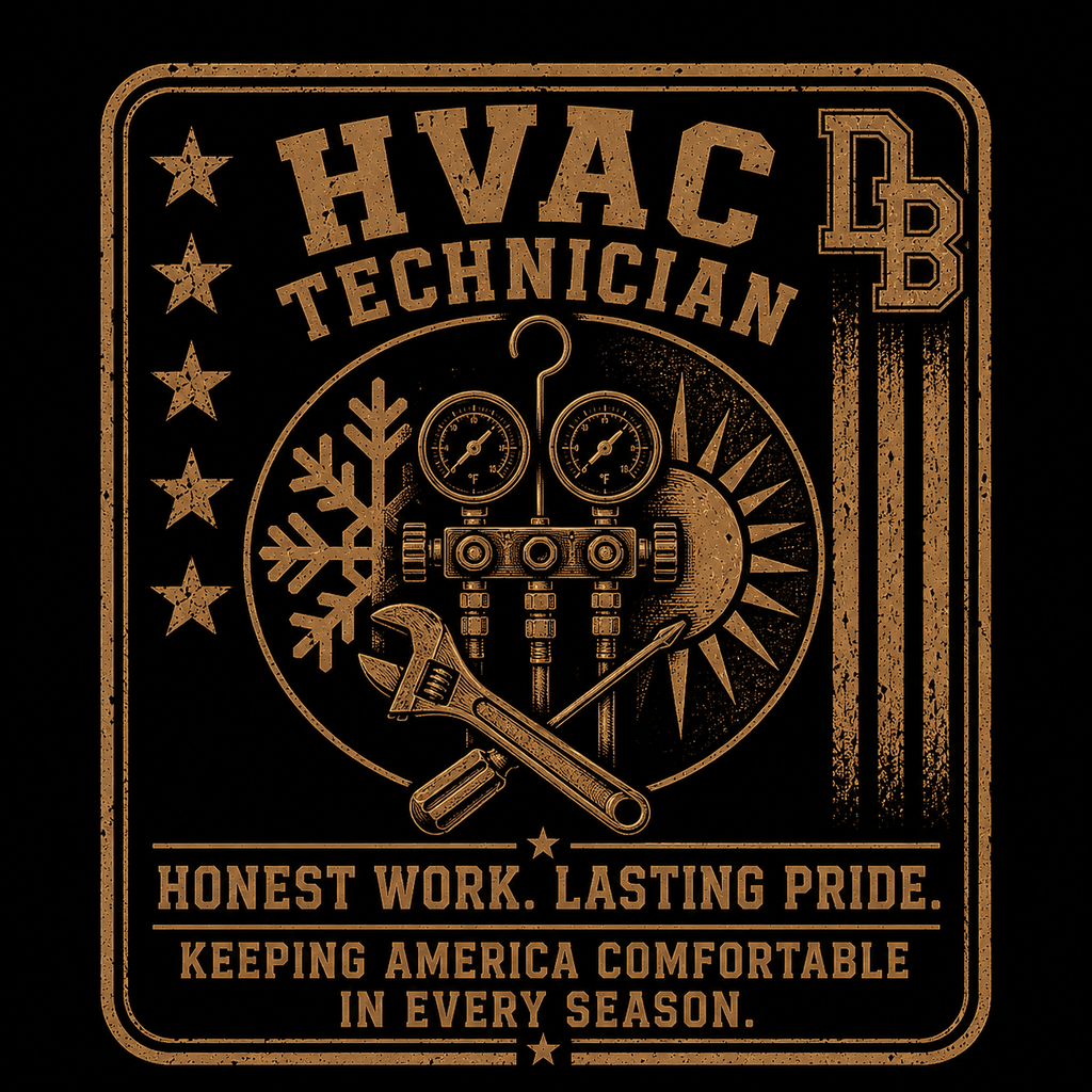 Men's HVAC vintage graphic crew T-shirt by DREKK Boots Co., featuring a retro HVAC design on soft cotton fabric.