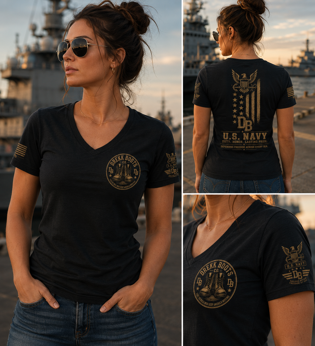Women’s US Navy T-shirt in black with gold front crest and back US Navy graphic; by DREKK Boots Co.