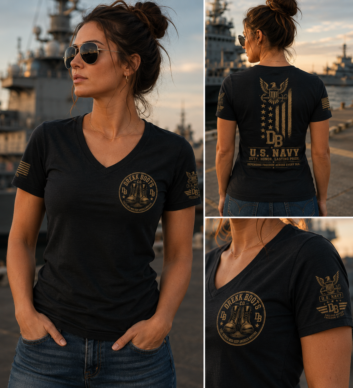 Women’s US Navy T-shirt in black with gold front crest and back US Navy graphic; by DREKK Boots Co.