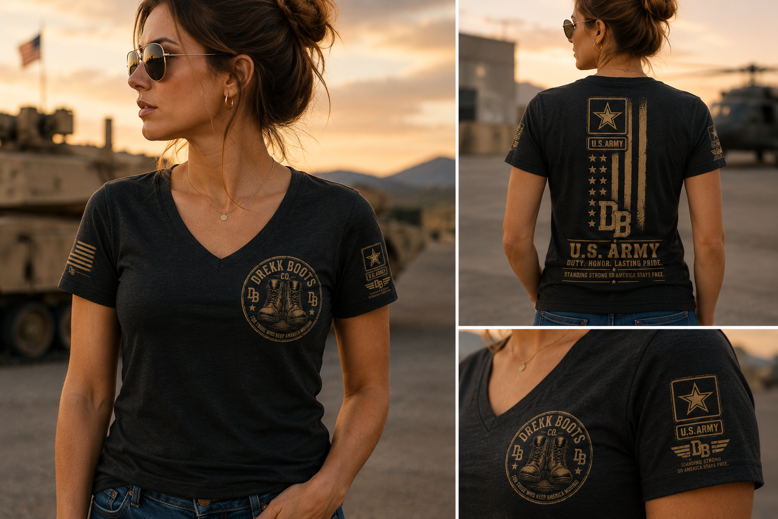 Women’s US Army T-shirt by Drekk Boots Co. in dark heather gray with front crest and large back graphic.