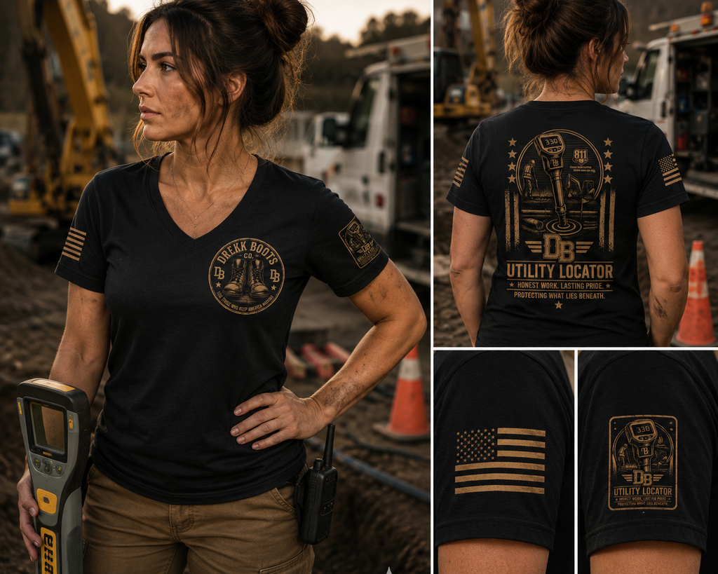 Utility Locator Graphic T-shirt, women's black by DREKK Boots Co.; chest logo, back print, and flag sleeves.