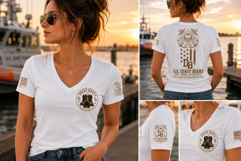 Women's white US Coast Guard T-shirt by DREKK Boots Co., front crest graphic and large back emblem.