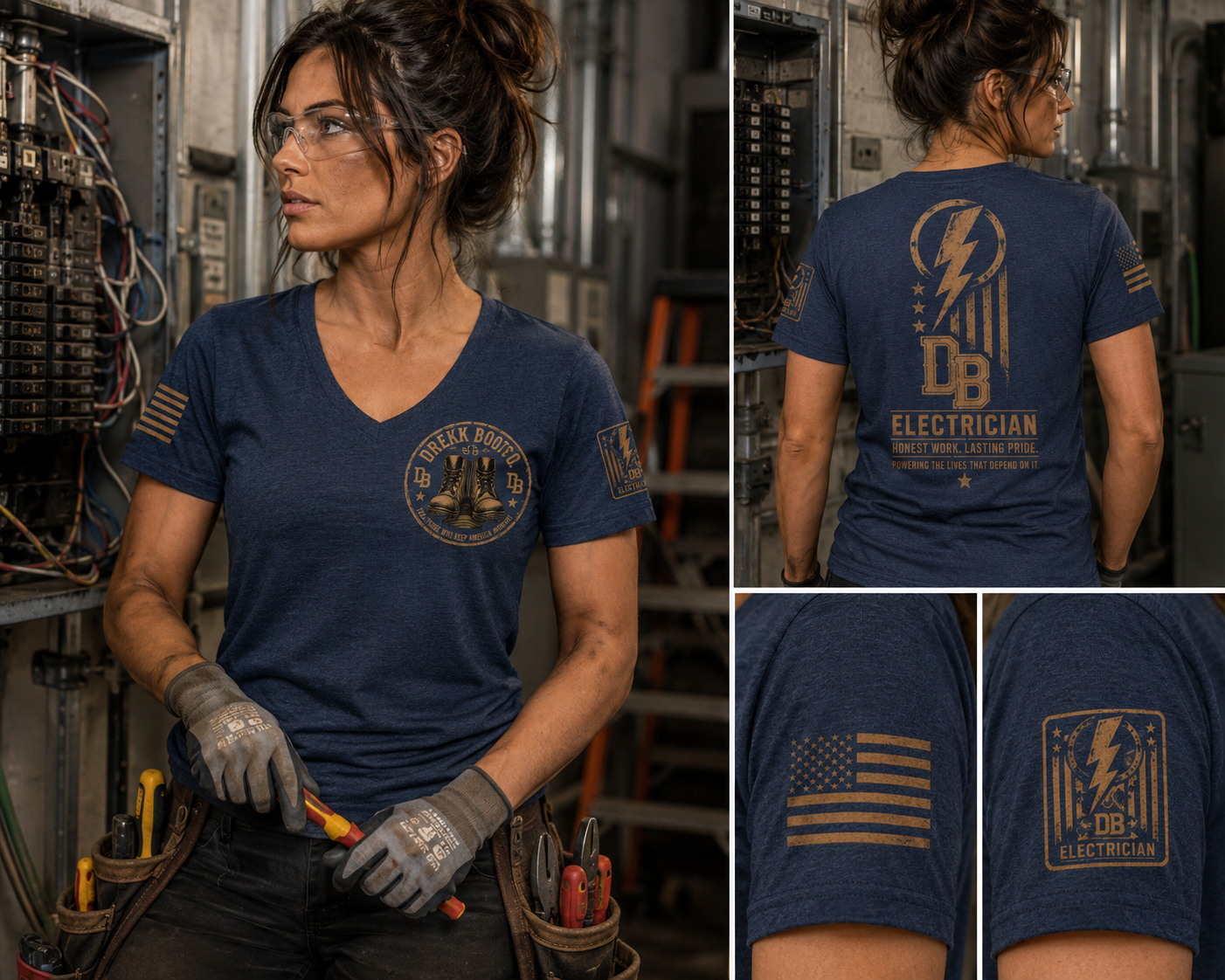 Women’s Electrician Graphic T‑Shirt in blue heather with DREKK Boots Co. chest logo and back DB Electrician graphic.