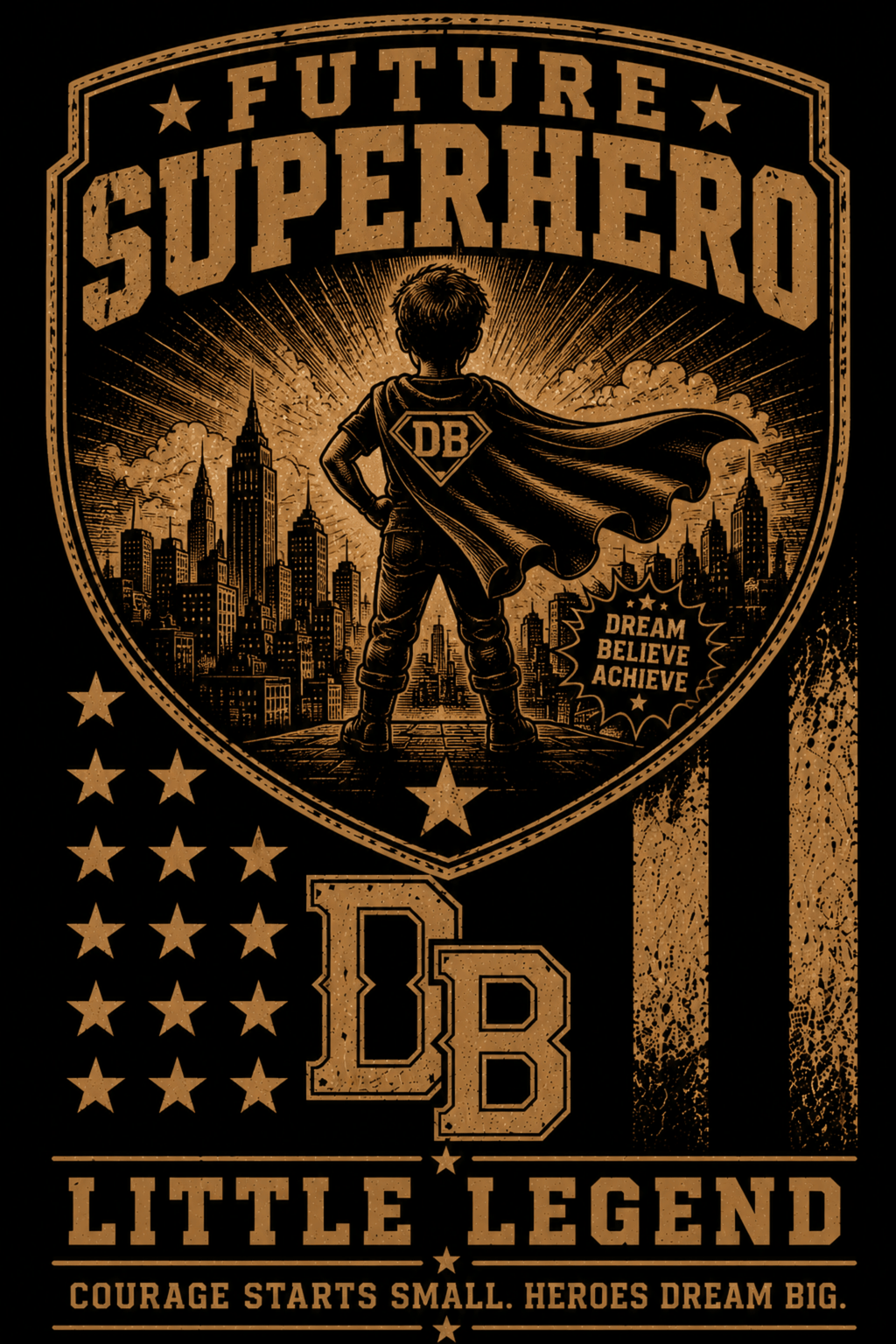 Youth boy superhero vintage graphic T-shirt by DREKK Boots Co. featuring colorful superhero design on soft fabric.