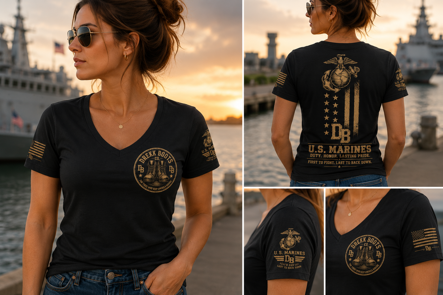 US Marines Women’s T‑Shirt in black by DREKK Boots Co. gold crest on chest and bold back graphic.