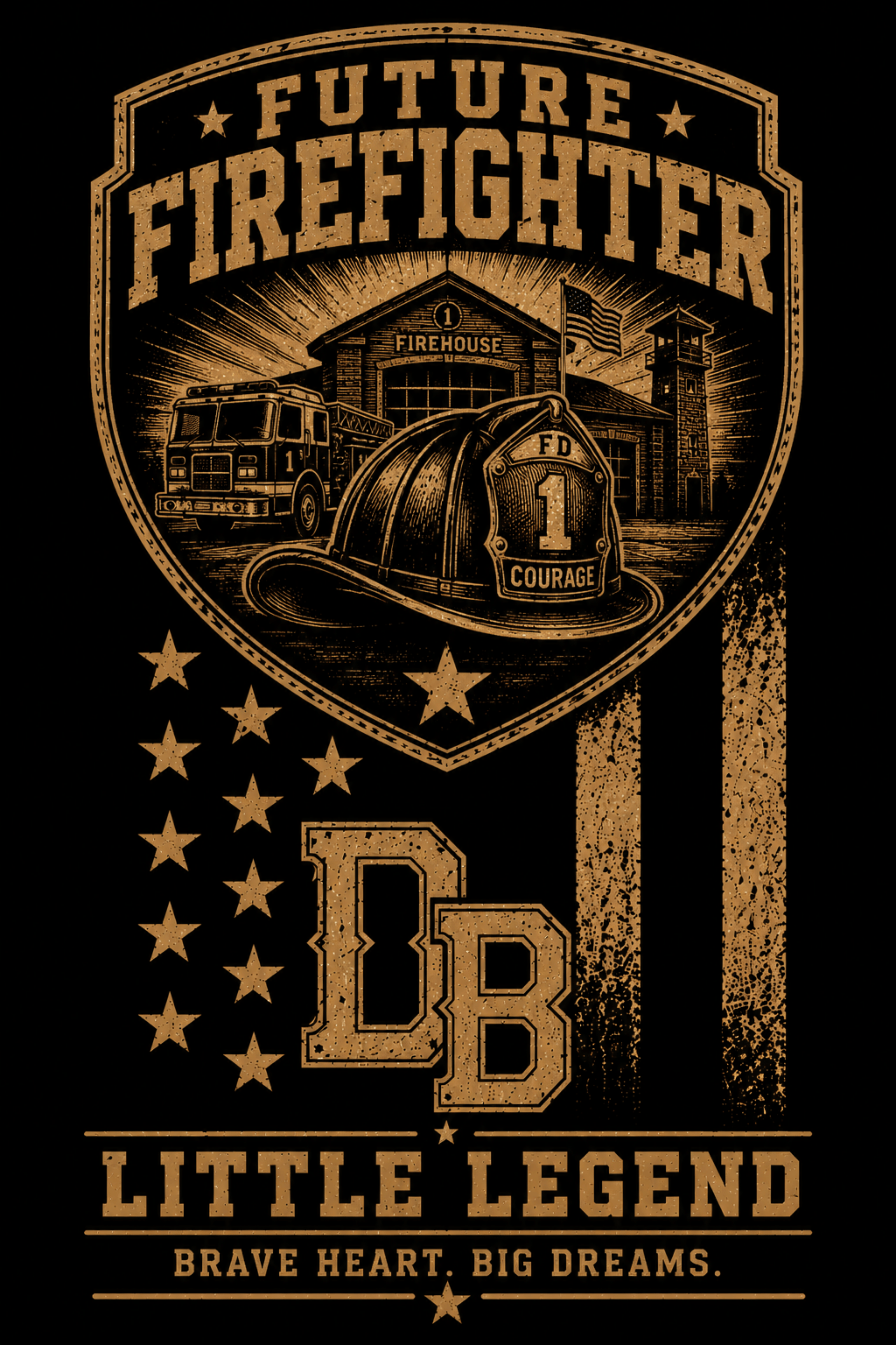 Future Firefighter youth graphic featuring a fire truck, firehouse, firefighter helmet, and Little Legend Brave Heart, Big Dreams slogan