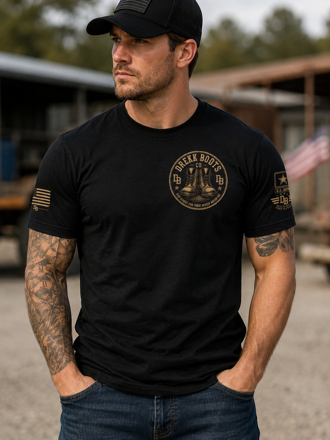 US Army Graphic T-Shirt by DREKK Boots Co. black short-sleeve with circular boots logo on chest