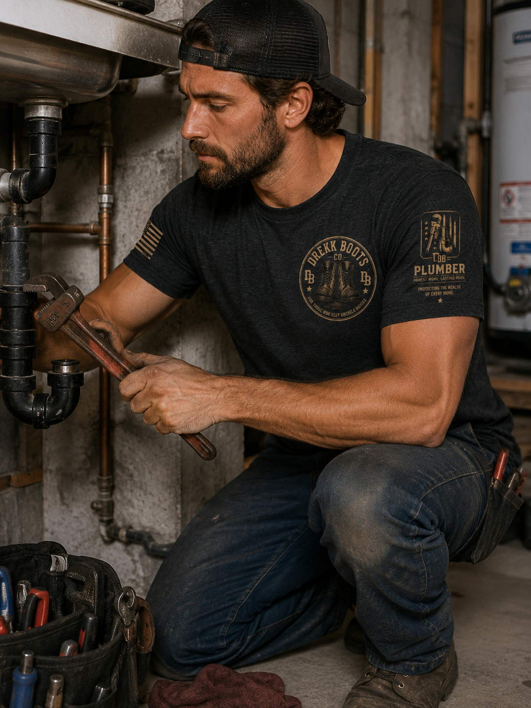 Plumber Vintage Graphic T-Shirt by DREKK Boots Co., dark charcoal with gold chest logo.