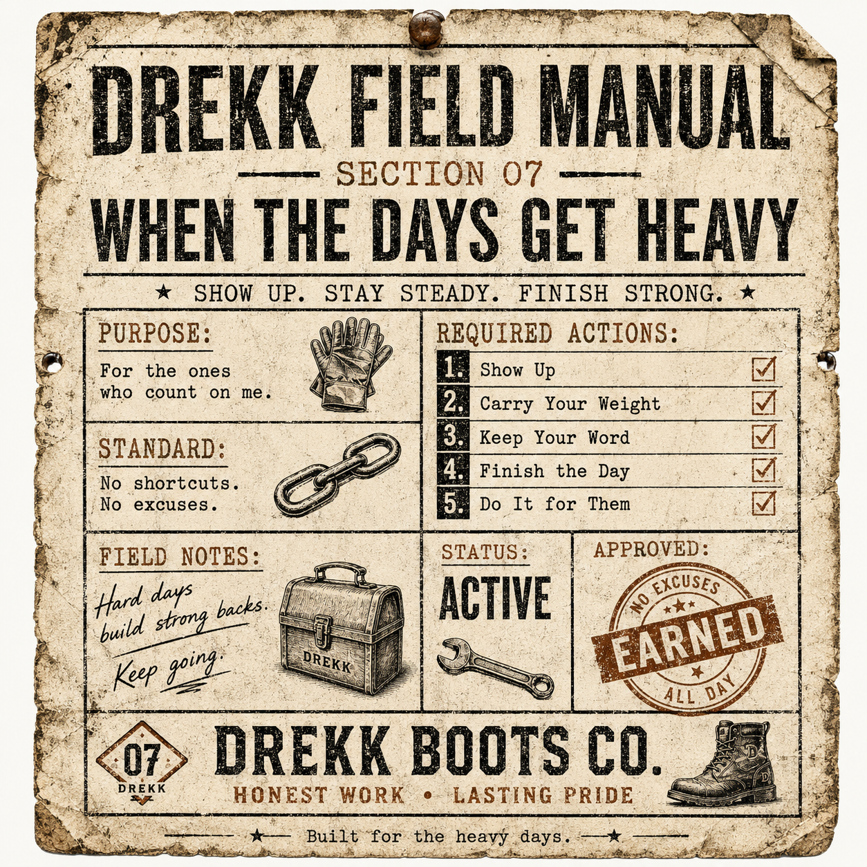 DREKK™ Boots Co. Stay Steady Vintage Field Manual graphic T-shirt featuring a retro military-inspired design on soft fabric.