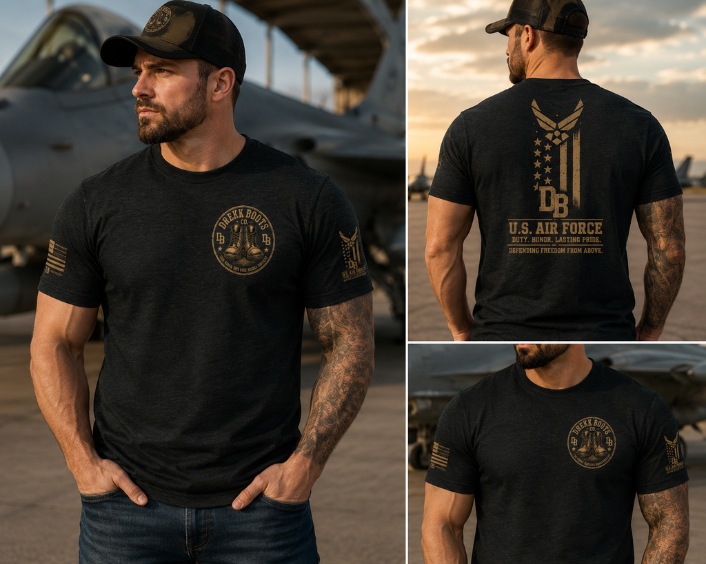 Black heather T-Shirt with DREKK Boots Co. chest patch and large U.S. Air Force graphic on the back.