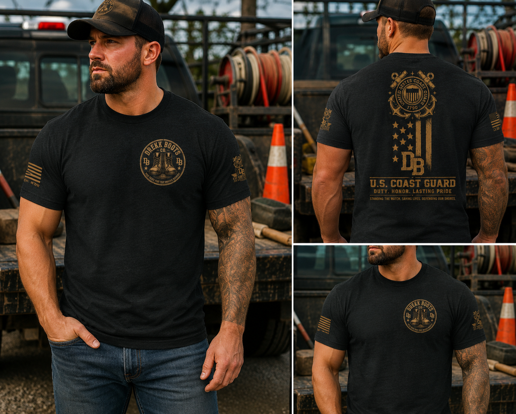 US Coast Guard Graphic T-Shirt by DREKK Boots Co. in black with gold chest logo and large back design