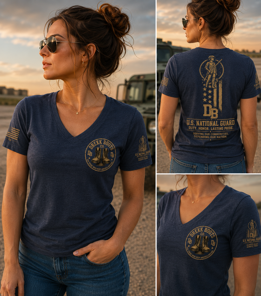 Women's US National Guard T-shirt in navy by DREKK Boots Co.; front circular boots logo, back National Guard graphic.