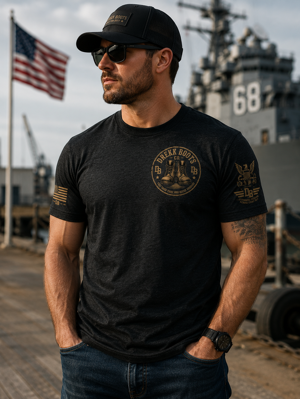US Navy Graphic T-Shirt by DREKK Boots Co., black tee with front circular logo and sleeve patch