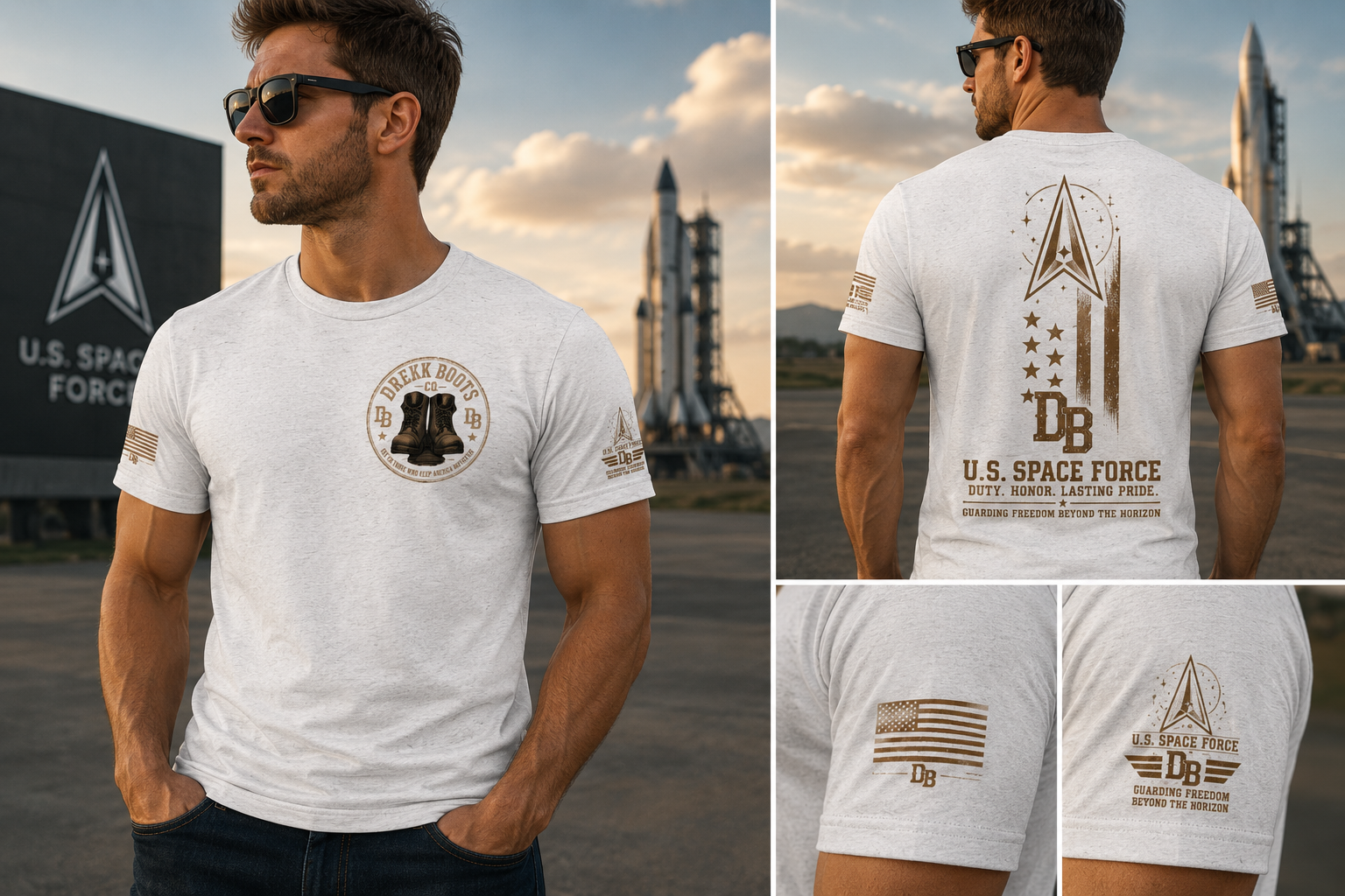 US Space Force Graphic T-Shirt by DREKK Boots Co. Valor Collection in heather gray; front logo, back artwork.