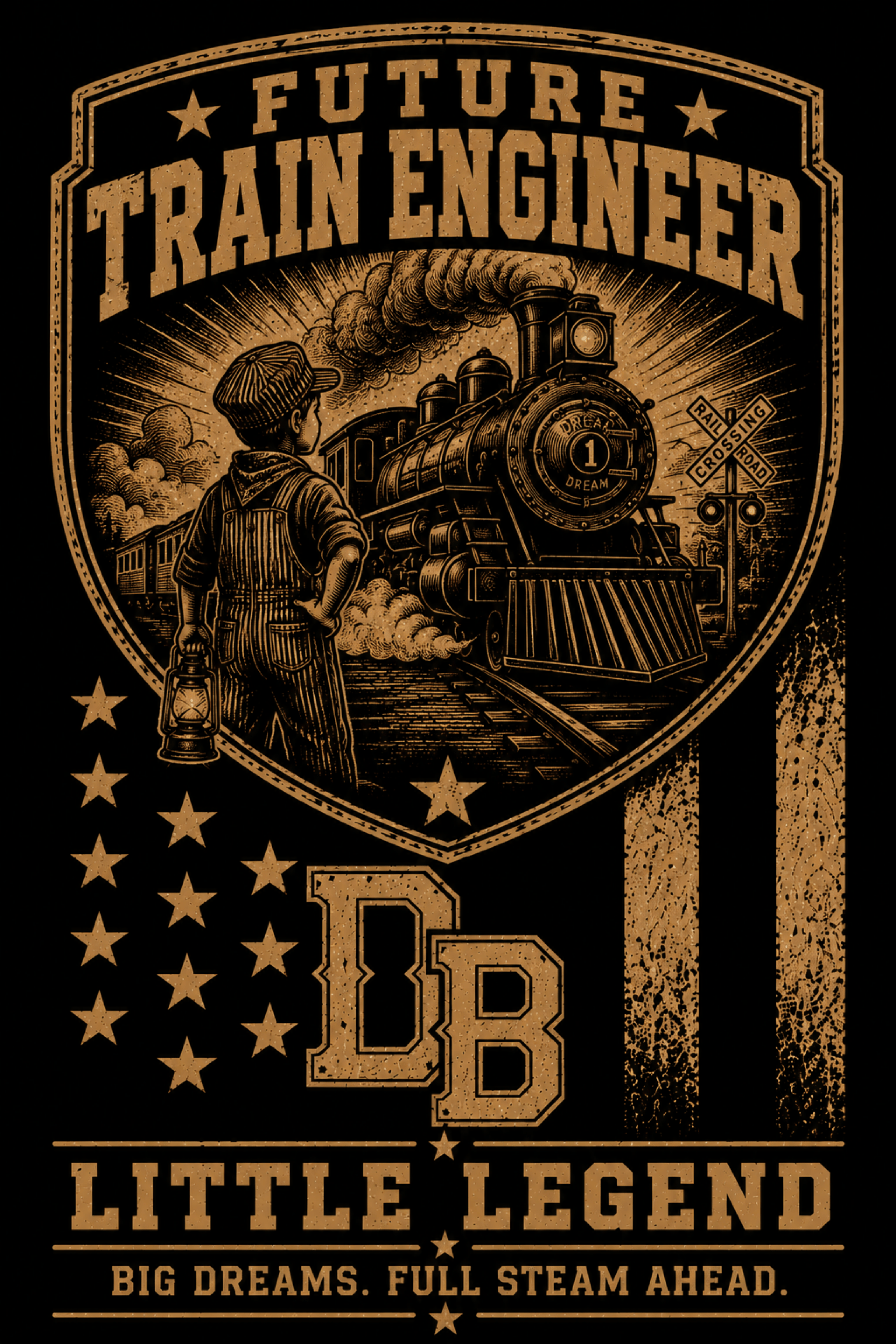Future Train Engineer youth graphic featuring a child conductor, steam locomotive, railroad crossing, and Little Legend Full Steam Ahead slogan