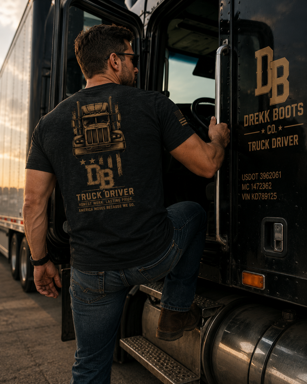 Truck Driver Vintage Graphic T-Shirt by DREKK Boots Co., charcoal heather with large truck graphic on back.