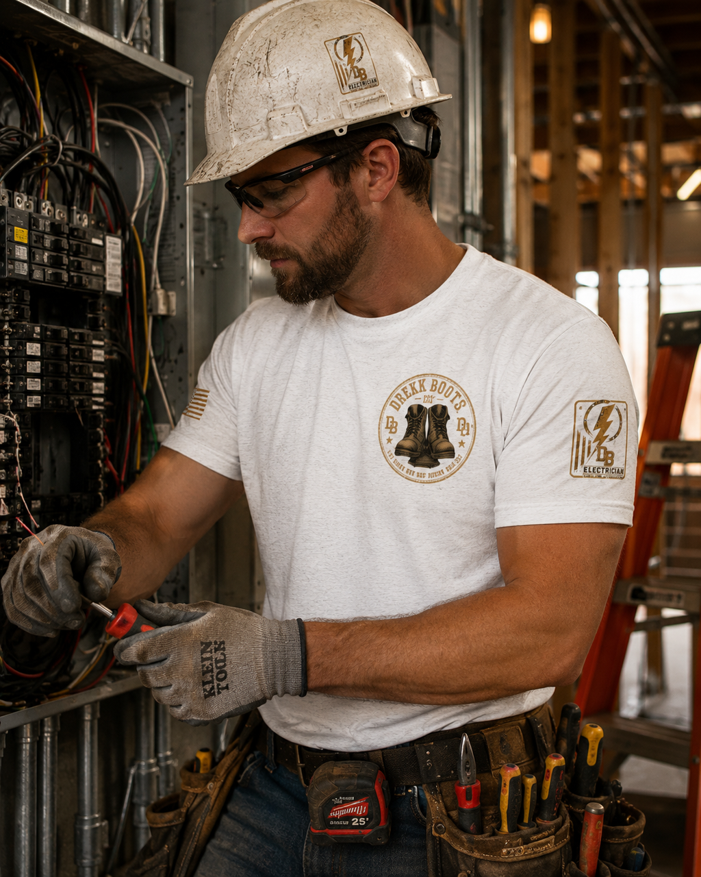 Electrician vintage graphic T-shirt by DREKK Boots Co.; white tee with circular boot logo on chest and sleeve patch