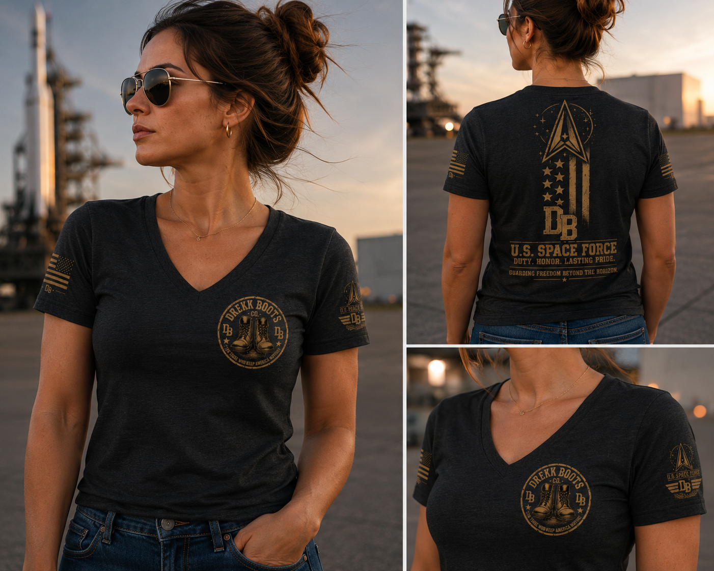 Women’s US Space Force T-shirt by DREKK Boots Co., black with gold chest patch and back insignia.
