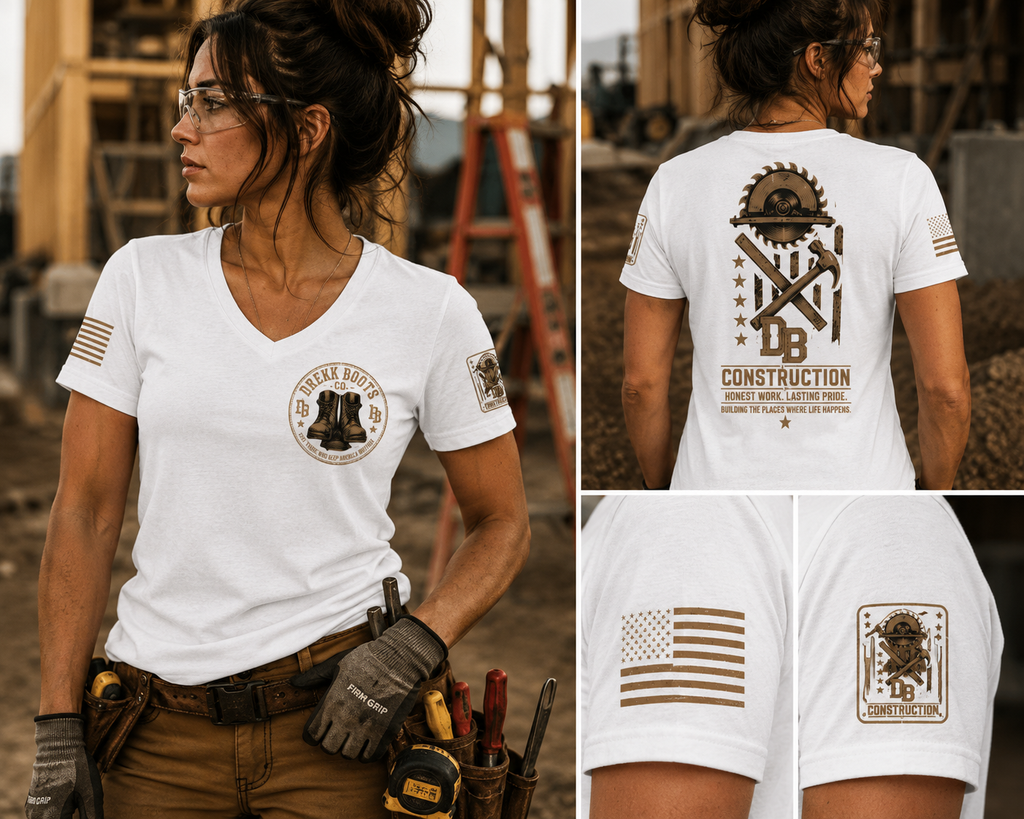 Women's Construction Graphic T-Shirt from Honest Work Collection by DREKK Boots Co.; white with brown chest logo and large back design, US flag sleeve.