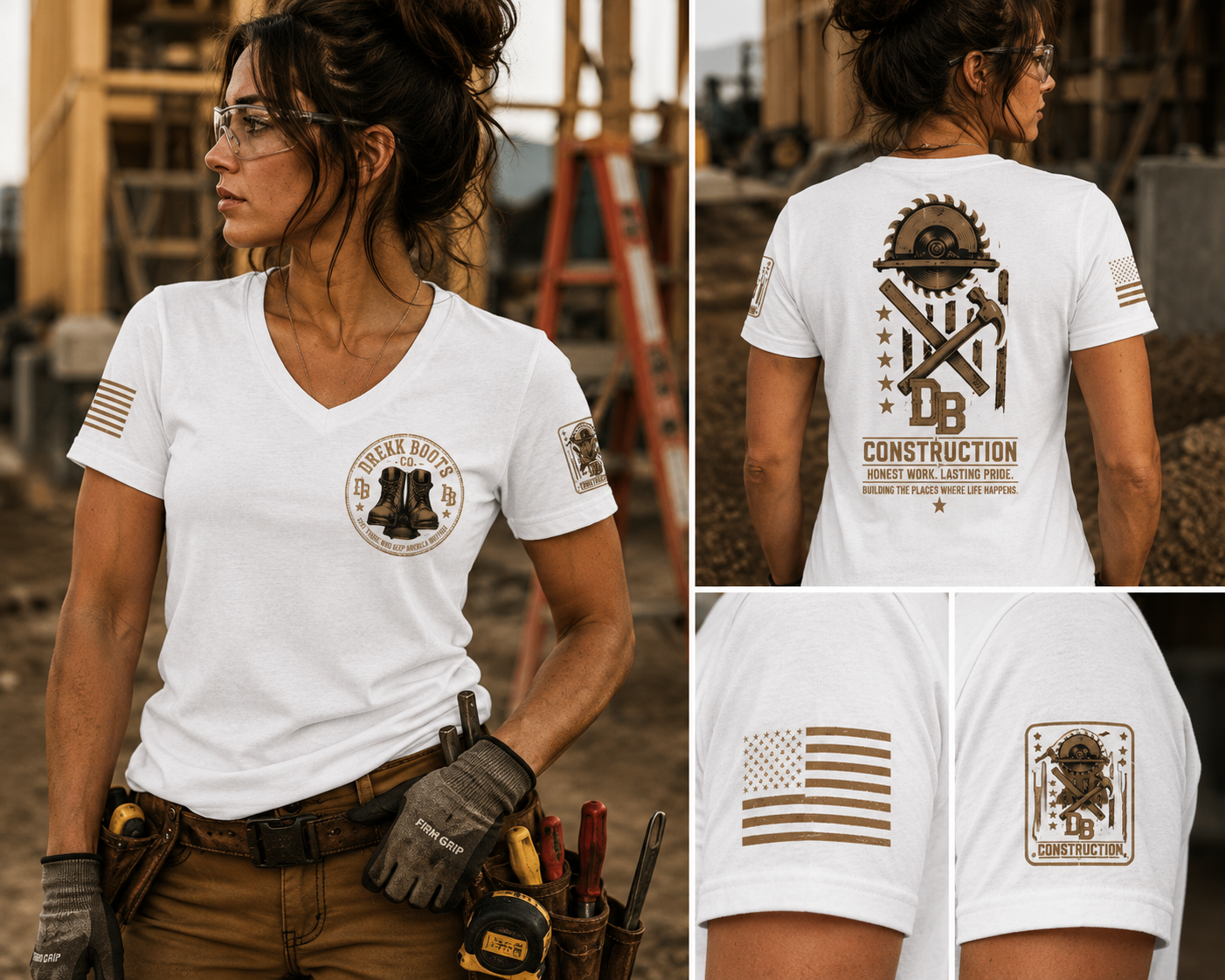 Women's Construction Graphic T-Shirt from Honest Work Collection by DREKK Boots Co.; white with brown chest logo and large back design, US flag sleeve.