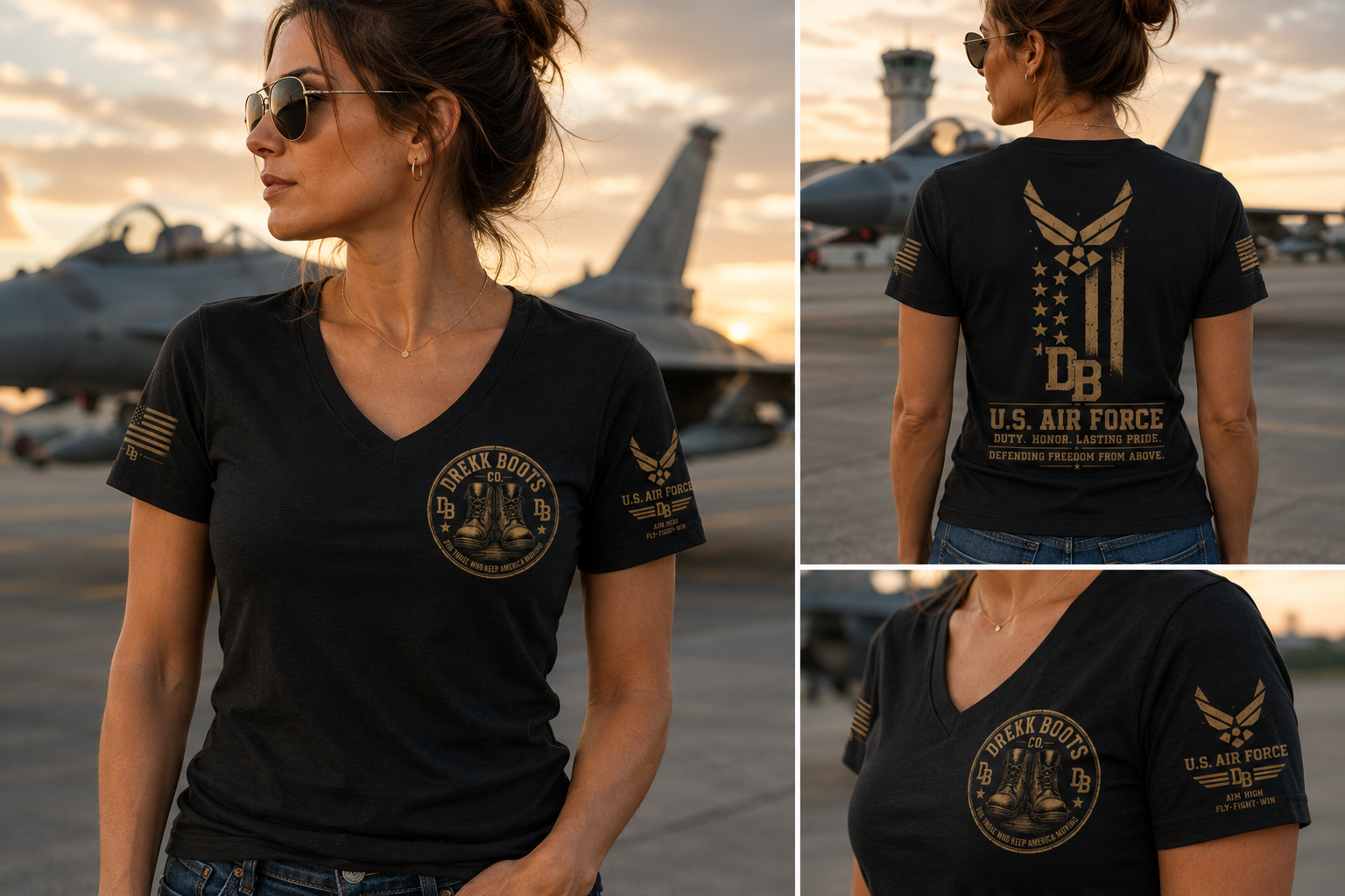 Women’s US Air Force T-shirt by DREKK Boots Co., black with gold circular crest on front and large USAF graphic on back.