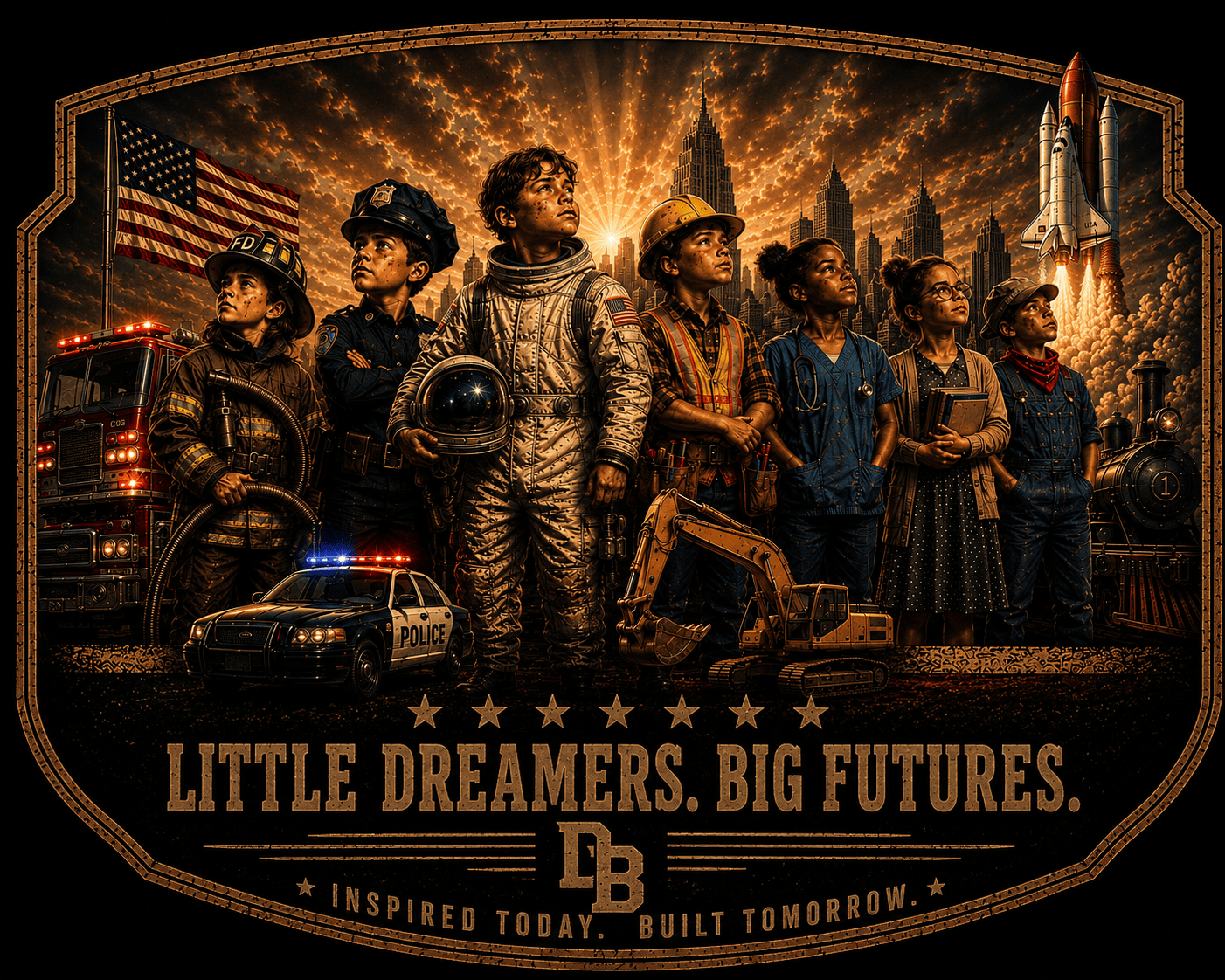 Little Dreamers Big Futures youth graphic featuring children inspired by careers including astronaut, police officer, construction worker, and teacher