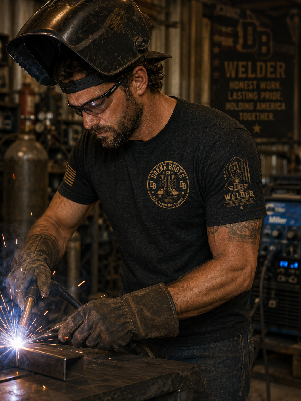 Welder Vintage Graphic T-Shirt, black with bronze DREKK Boots Co. logos on chest and sleeve.