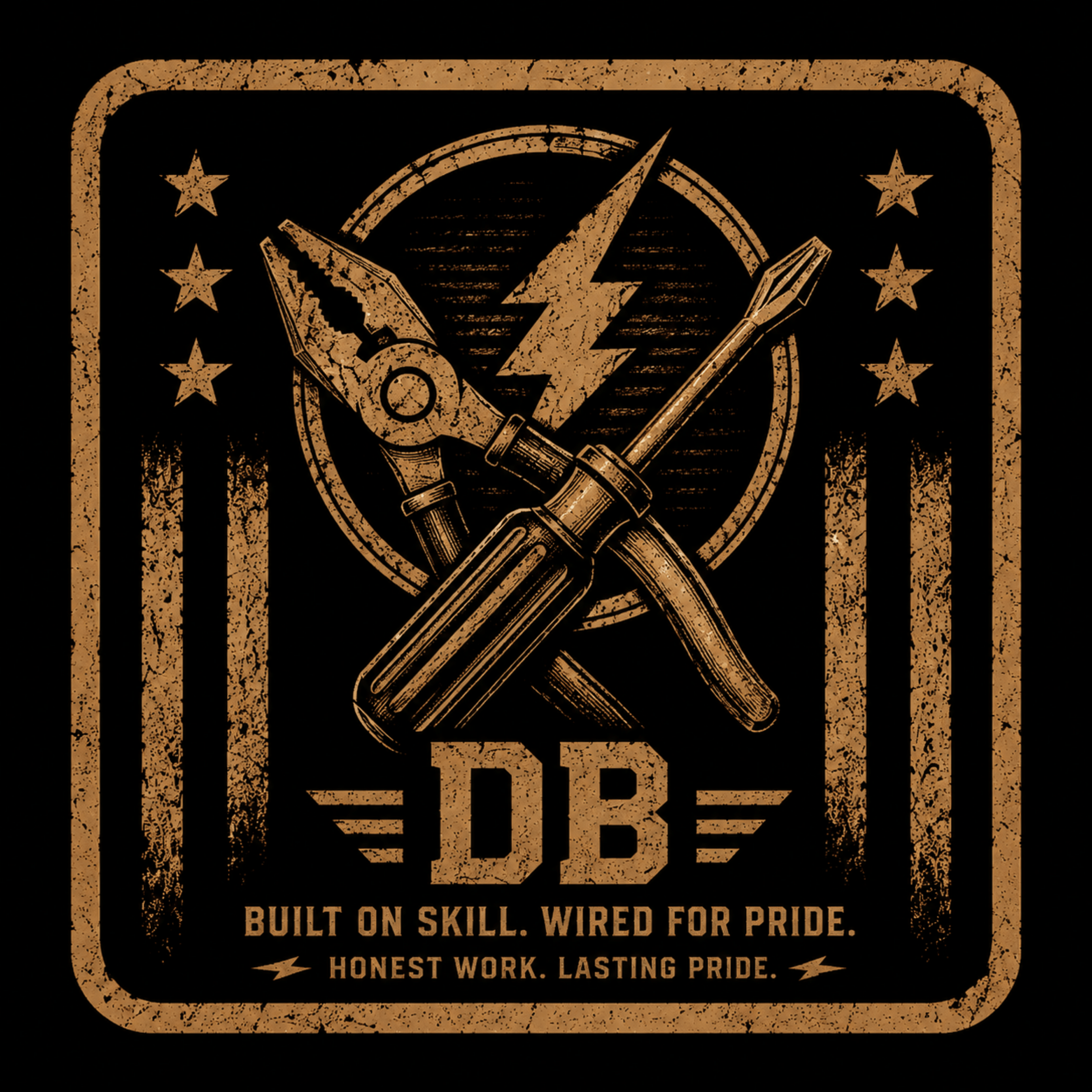 Men’s electrician vintage graphic crew T-shirt from DREKK Boots Co. featuring a left sleeve patch design.