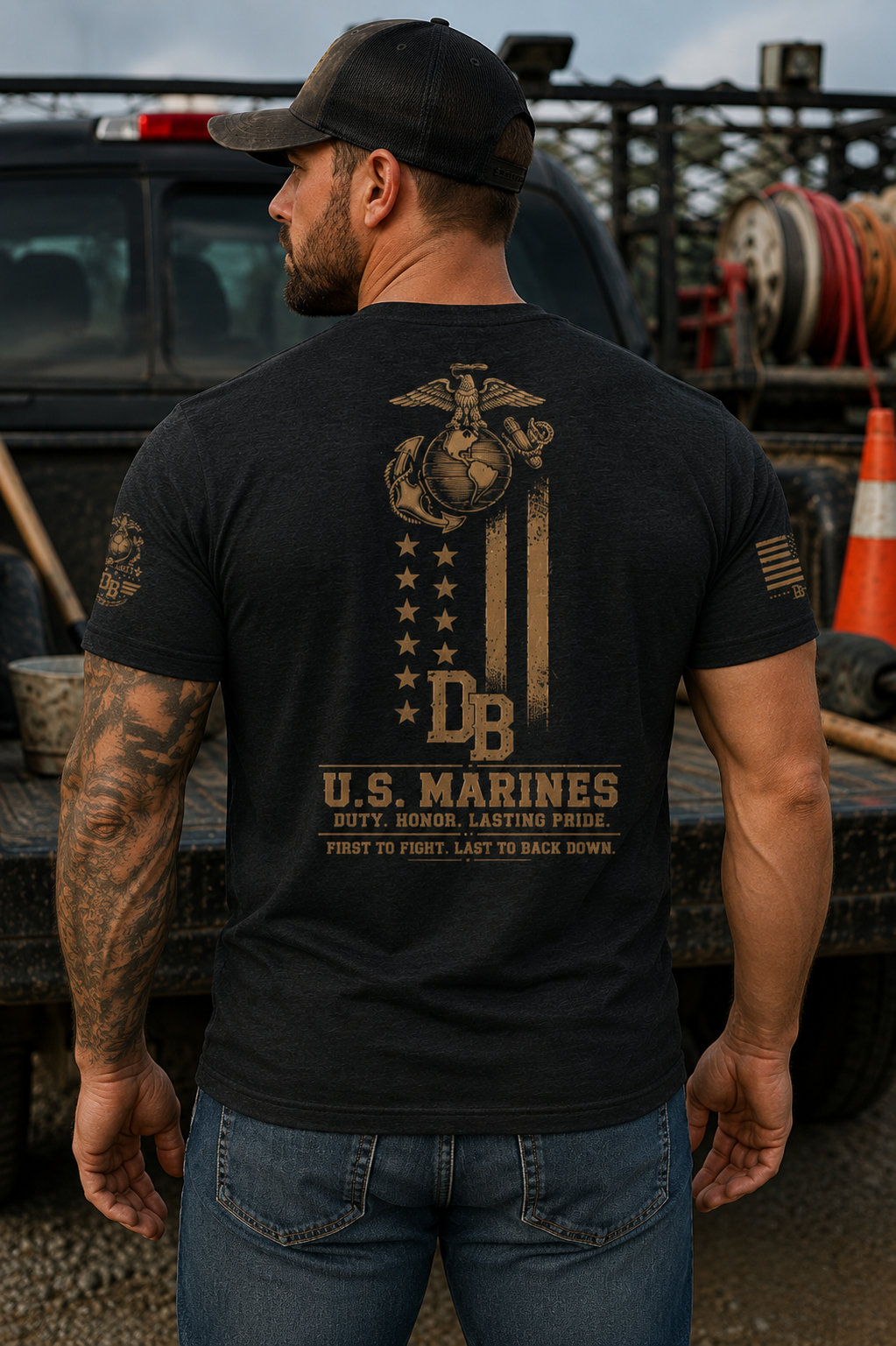 US Marine Corps graphic T-shirt in black with gold emblem and slogan, by DREKK Boots Co., Valor Collection.