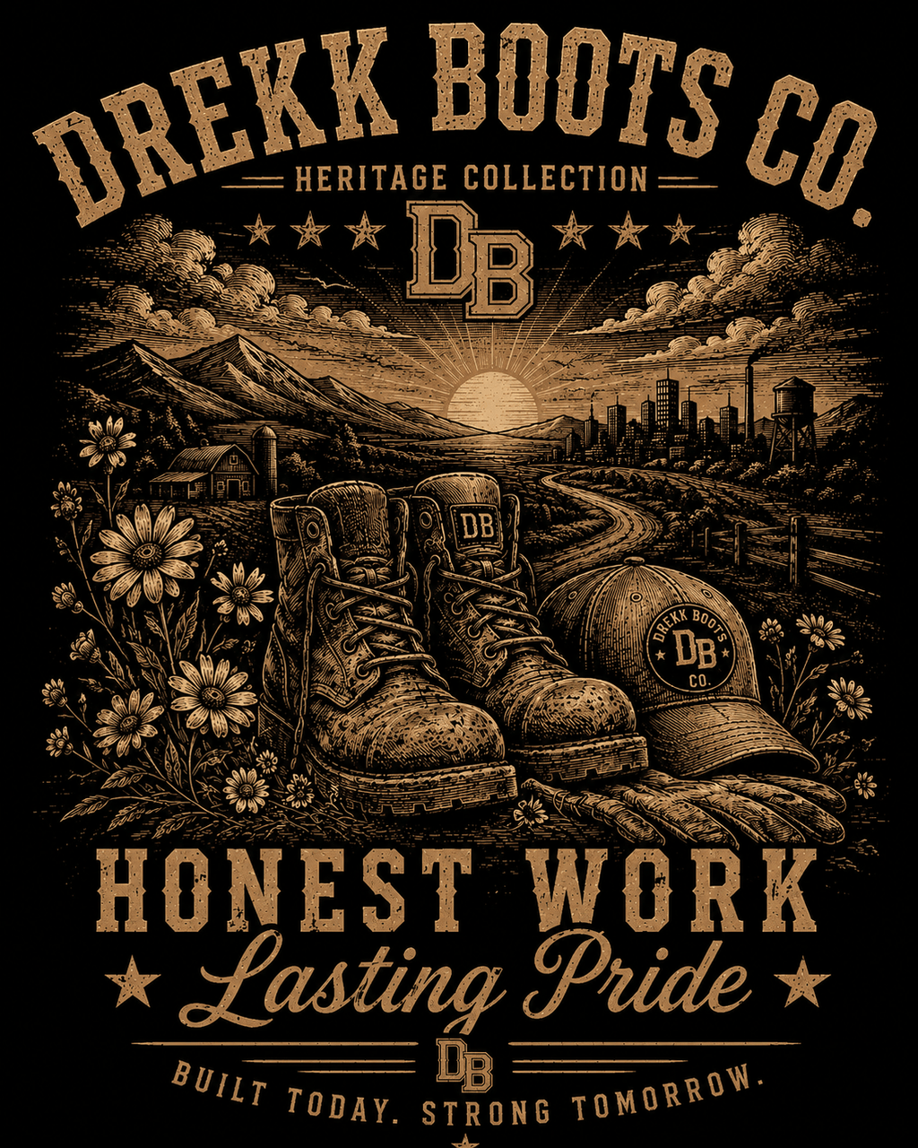 Men’s Heritage Wildflower vintage graphic crew T-shirt from DREKK Boots Co. featuring a colorful floral design on soft cotton fabric.