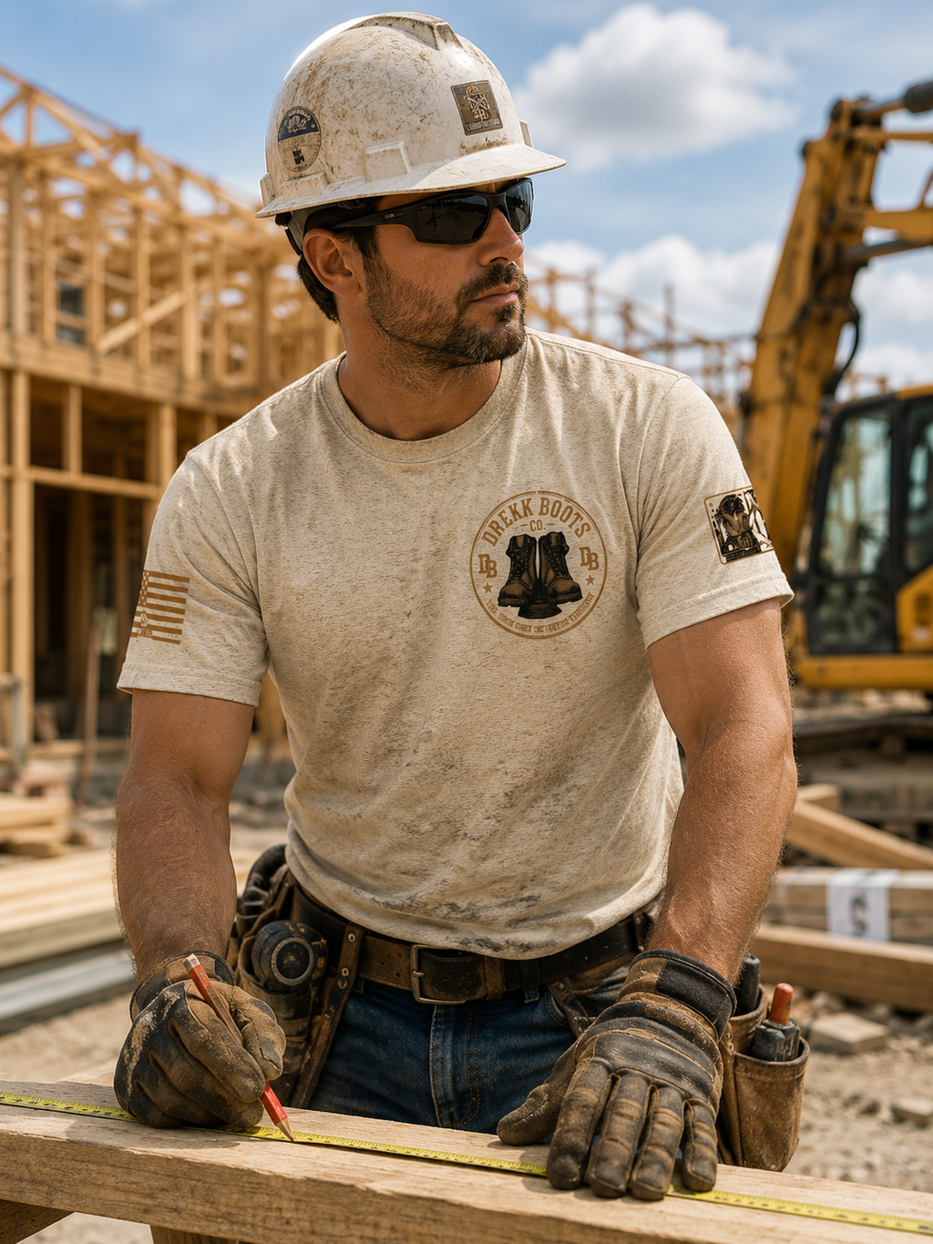 Construction vintage graphic T-shirt by DREKK Boots Co.; beige fabric with boot logo on chest.
