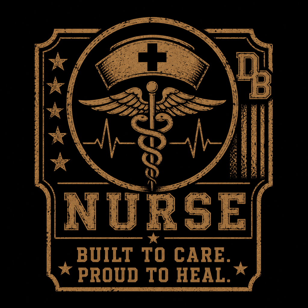 Men’s nurse vintage graphic crew T-shirt by DREKK Boots Co., featuring a nurse graphic on the left sleeve.