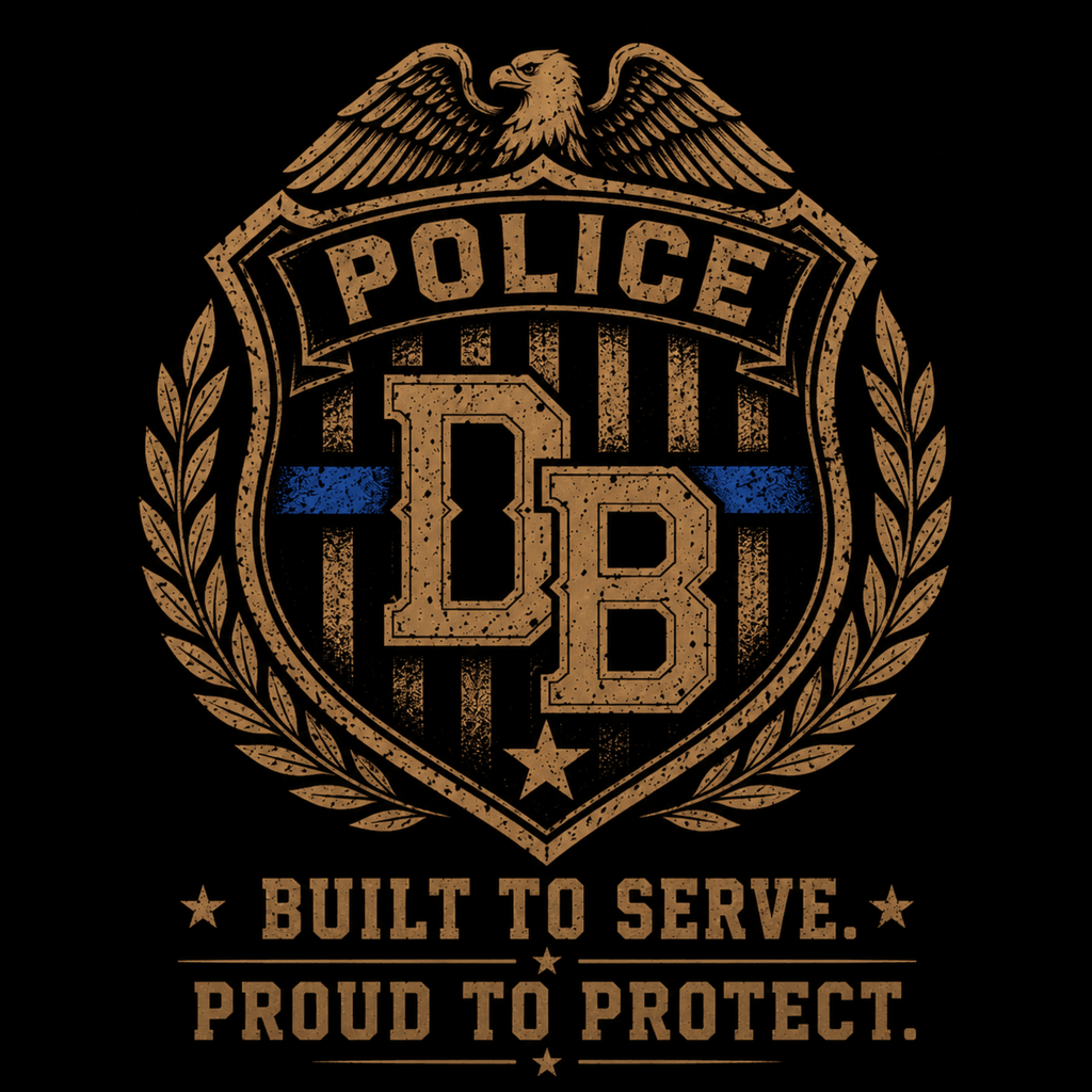 Men’s police vintage graphic t-shirt showing a police badge design on the left sleeve, from DREKK Boots Co.