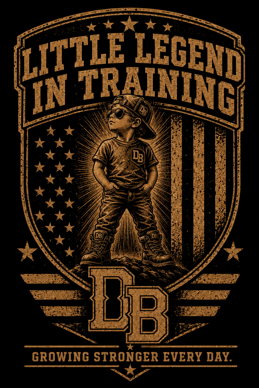 Youth boy Legend in Training vintage graphic T-shirt by DREKK™ Boots Co., black with colorful design and "Little Legend" text.