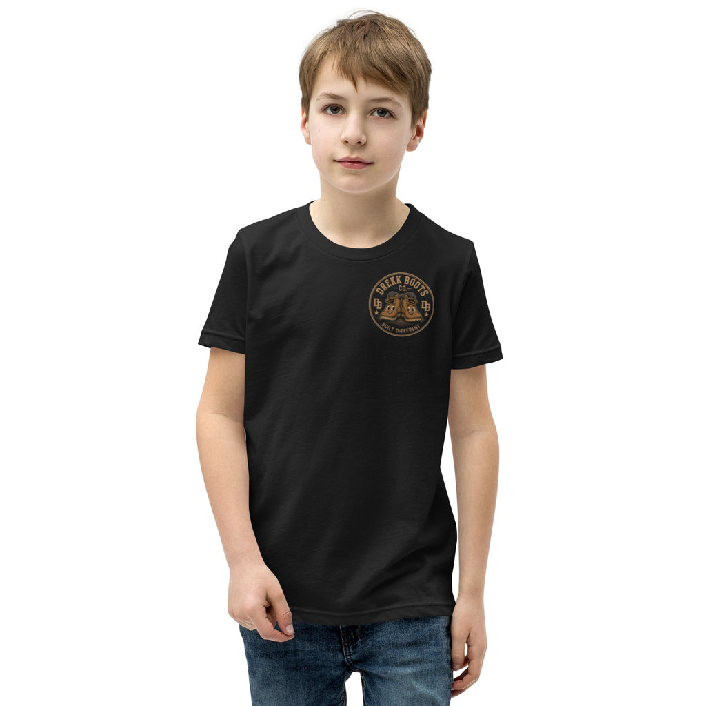 Youth construction boy vintage graphic T-shirt by DREKK™ Boots Co. in black, featuring a construction-themed design for kids.