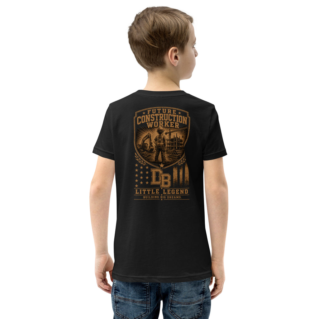 Youth construction boy vintage graphic T-shirt by DREKK™ Boots Co. in black, featuring a construction-themed design for boys.