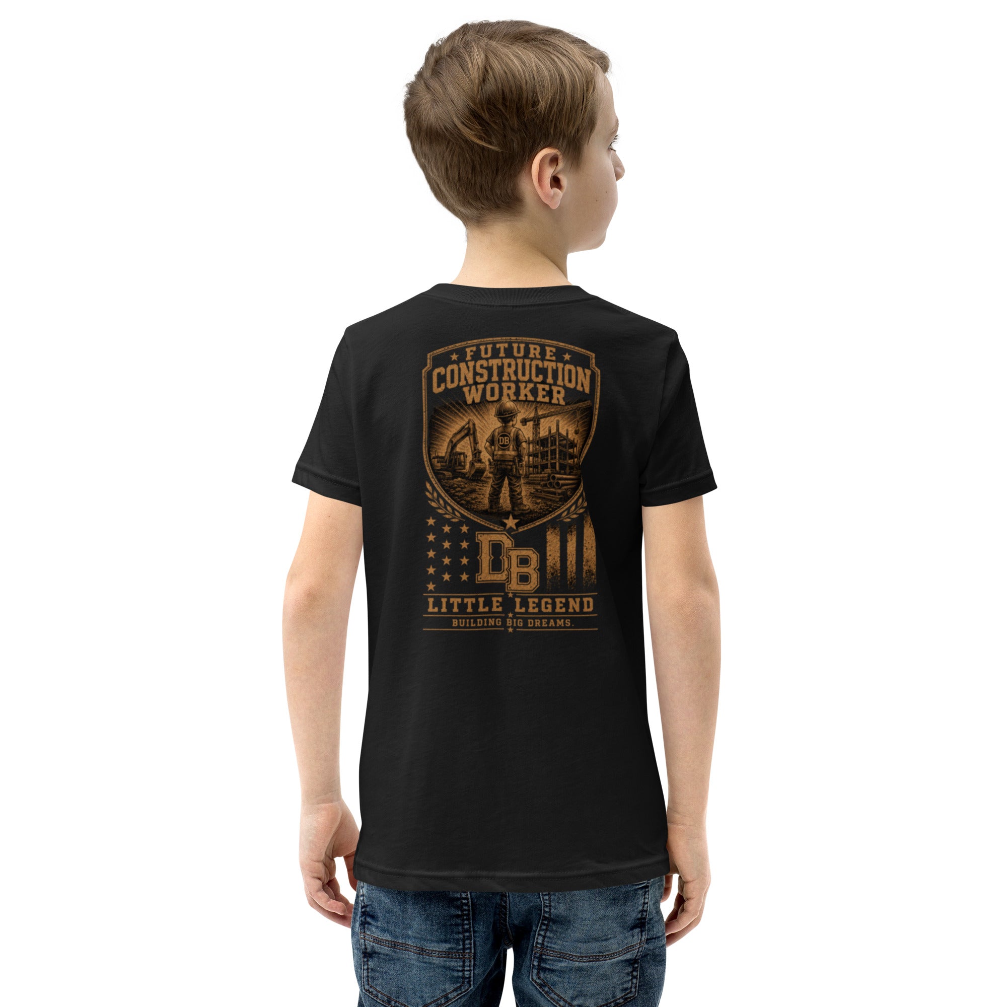 Back view of child wearing a black Future Construction Worker T-shirt with Little Legend Building Big Dreams graphic