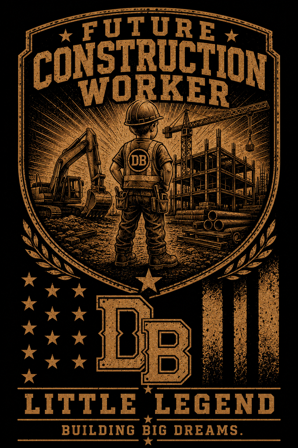 Youth construction boy vintage graphic T-shirt by DREKK™ Boots Co., black cotton T-shirt with construction-themed design.
