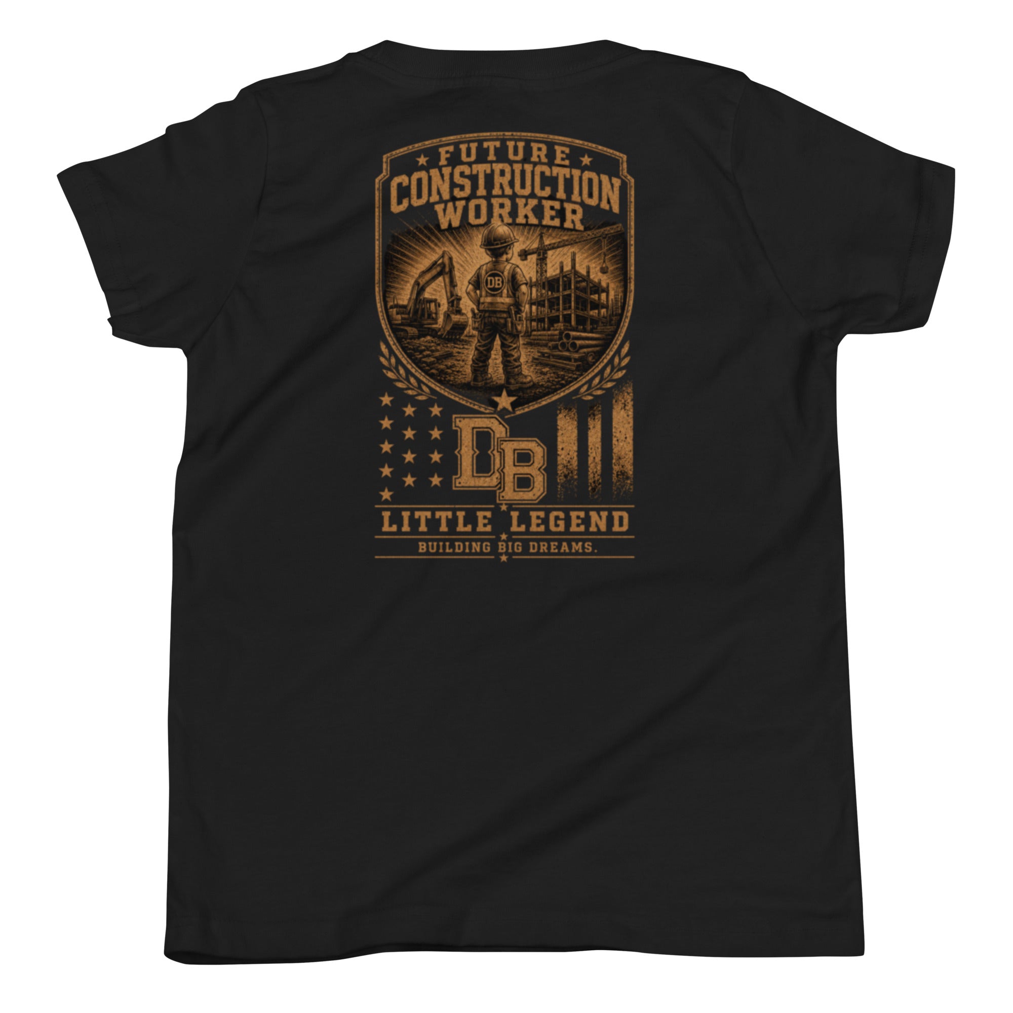 Back view of black youth Future Construction Worker T-shirt with Little Legend construction graphic and Building Big Dreams slogan