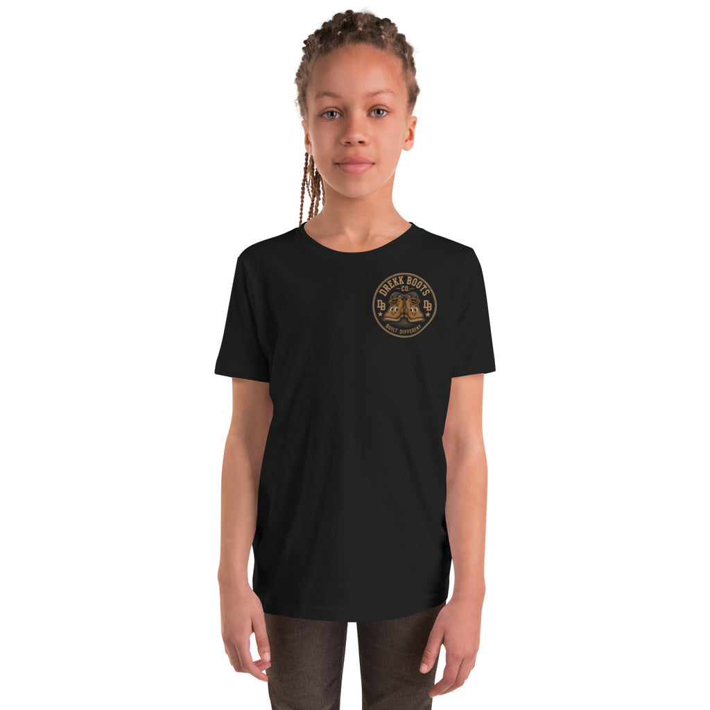 Youth construction girl vintage graphic T-shirt by DREKK™ Boots Co. in black, featuring a colorful construction-themed design.