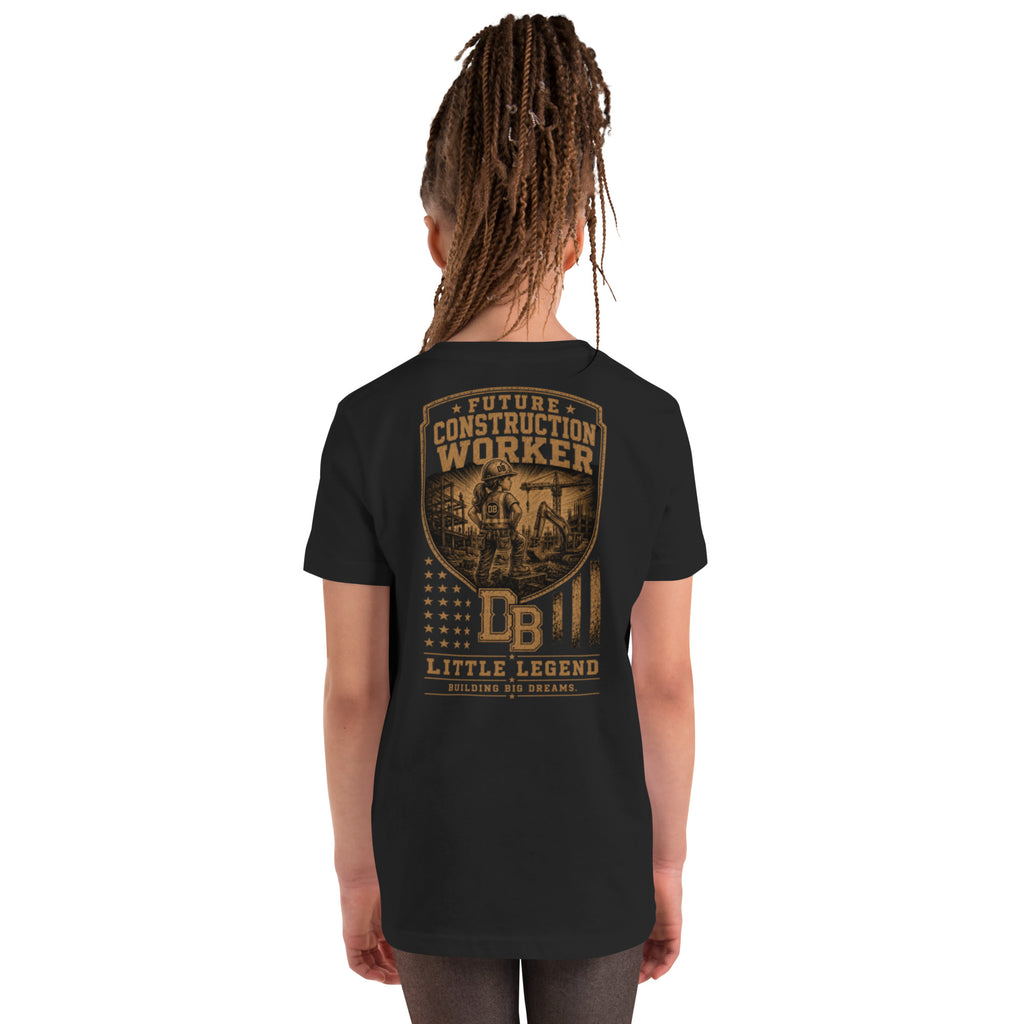 Youth construction girl vintage graphic T-shirt by DREKK™ Boots Co., black T-shirt featuring a construction girl design.
