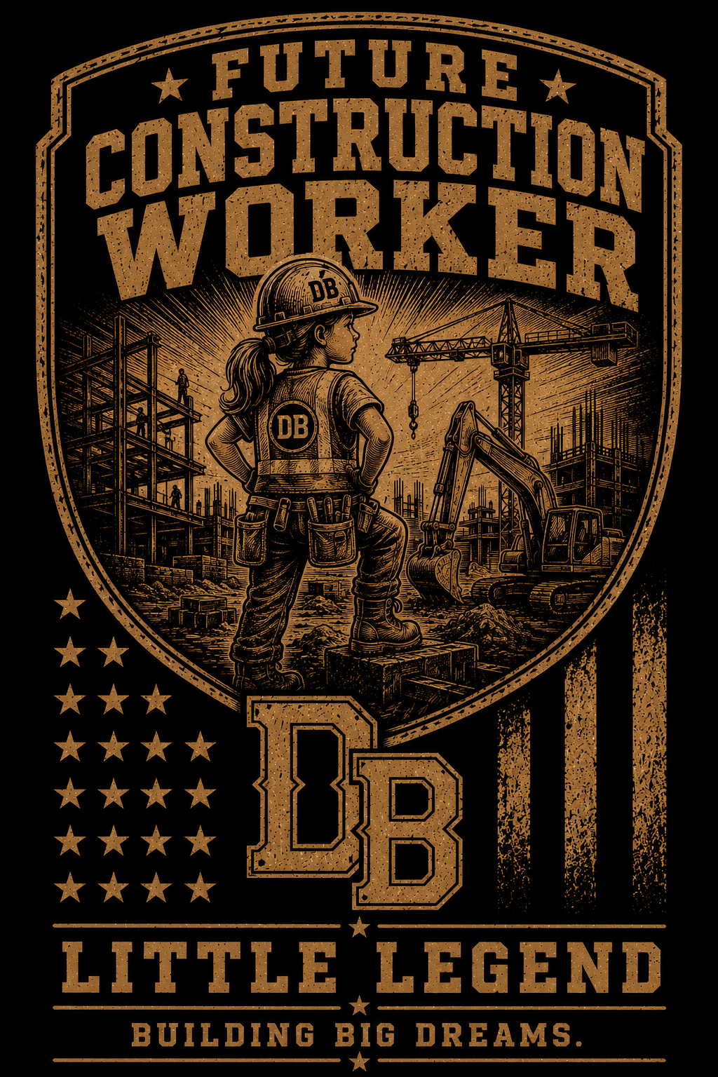 Youth construction girl vintage graphic T-shirt by DREKK™ Boots Co., black T-shirt featuring a colorful construction girl design.