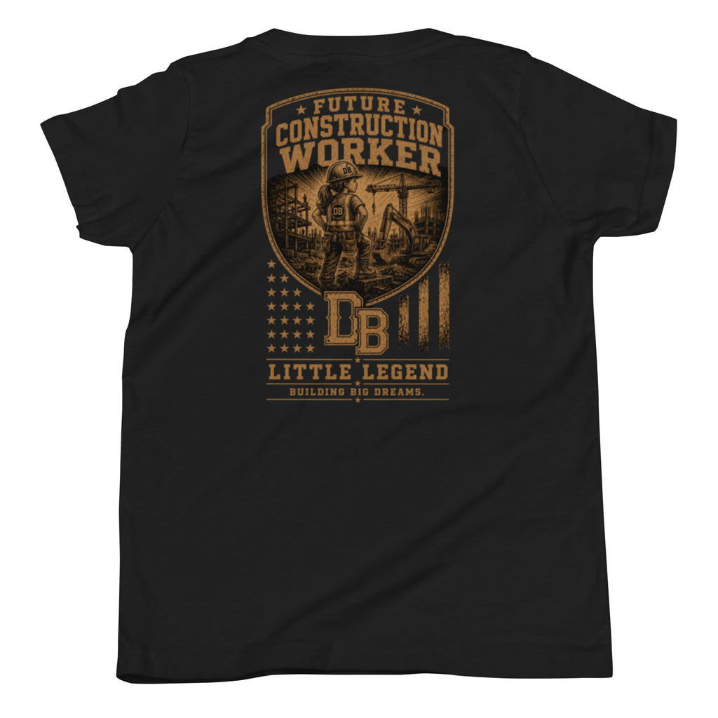 Youth construction girl vintage graphic T-shirt by DREKK™ Boots Co., black short-sleeve T-shirt featuring a construction-themed design.