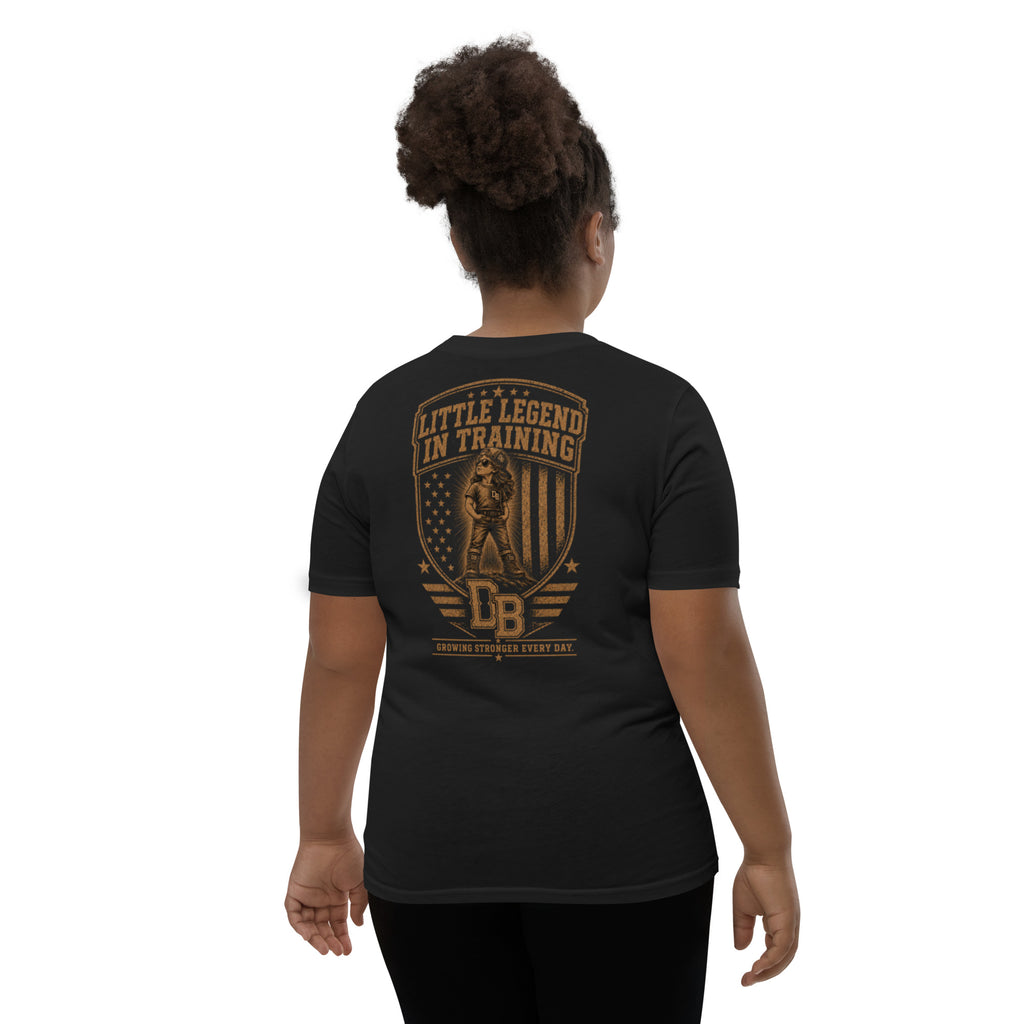 Youth girl Legend in Training vintage graphic T-shirt by DREKK™ Boots Co., black short-sleeve T-shirt with colorful design.