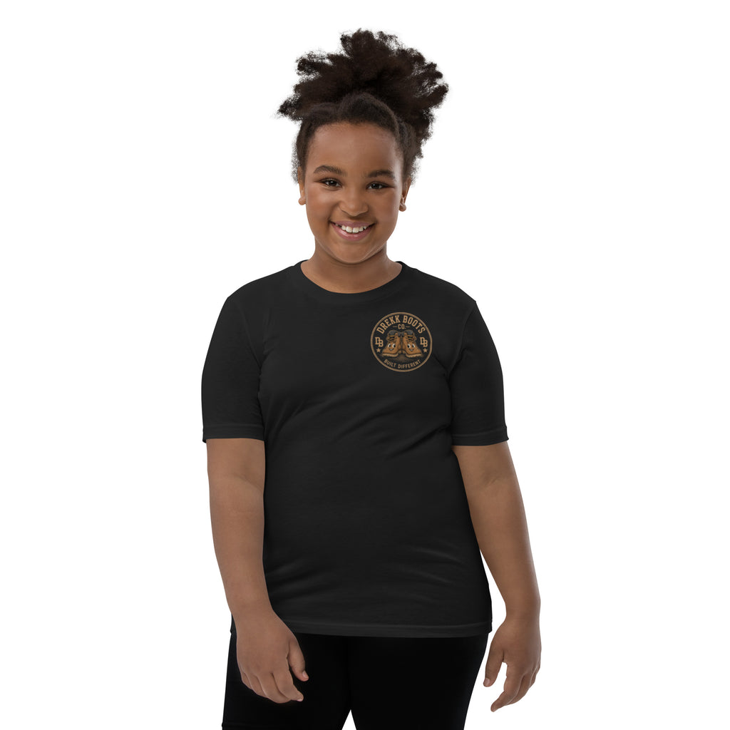 Youth girl Legend in Training vintage graphic T-shirt by DREKK™ Boots Co., black with colorful design and "Little Legend" text.