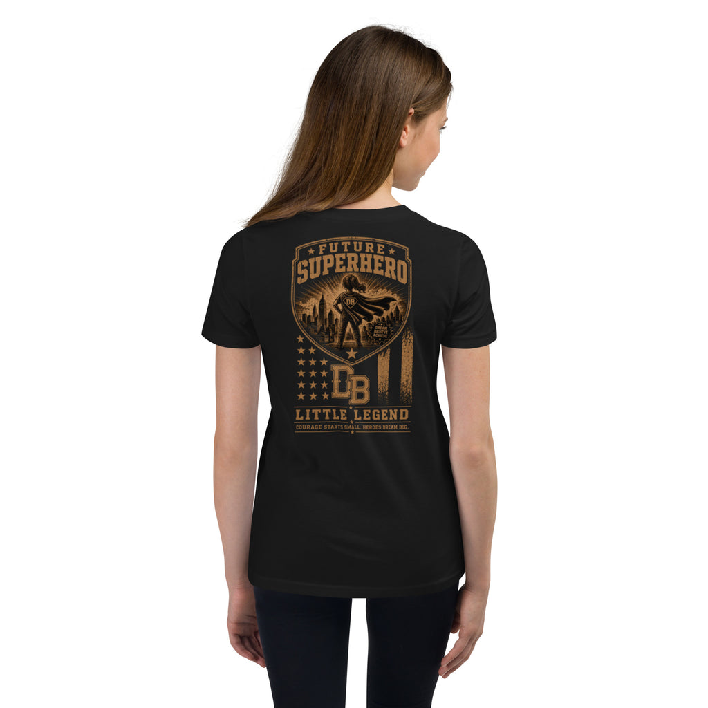 Black youth superhero girl graphic T-shirt by DREKK™ Boots Co., featuring vintage superhero design for kids.