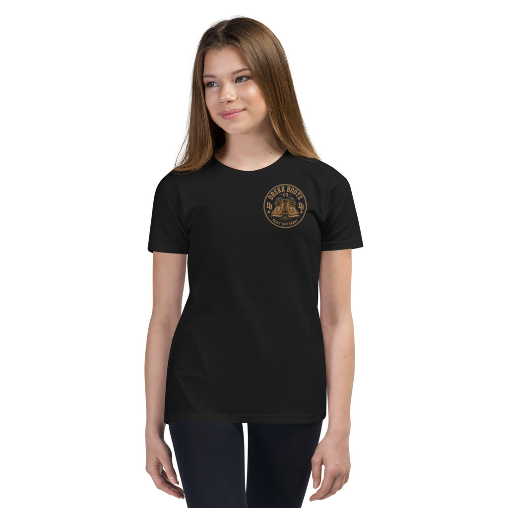 Youth Super Hero Girl vintage graphic T-shirt by DREKK™ Boots Co. in black, featuring a colorful superhero girl design.
