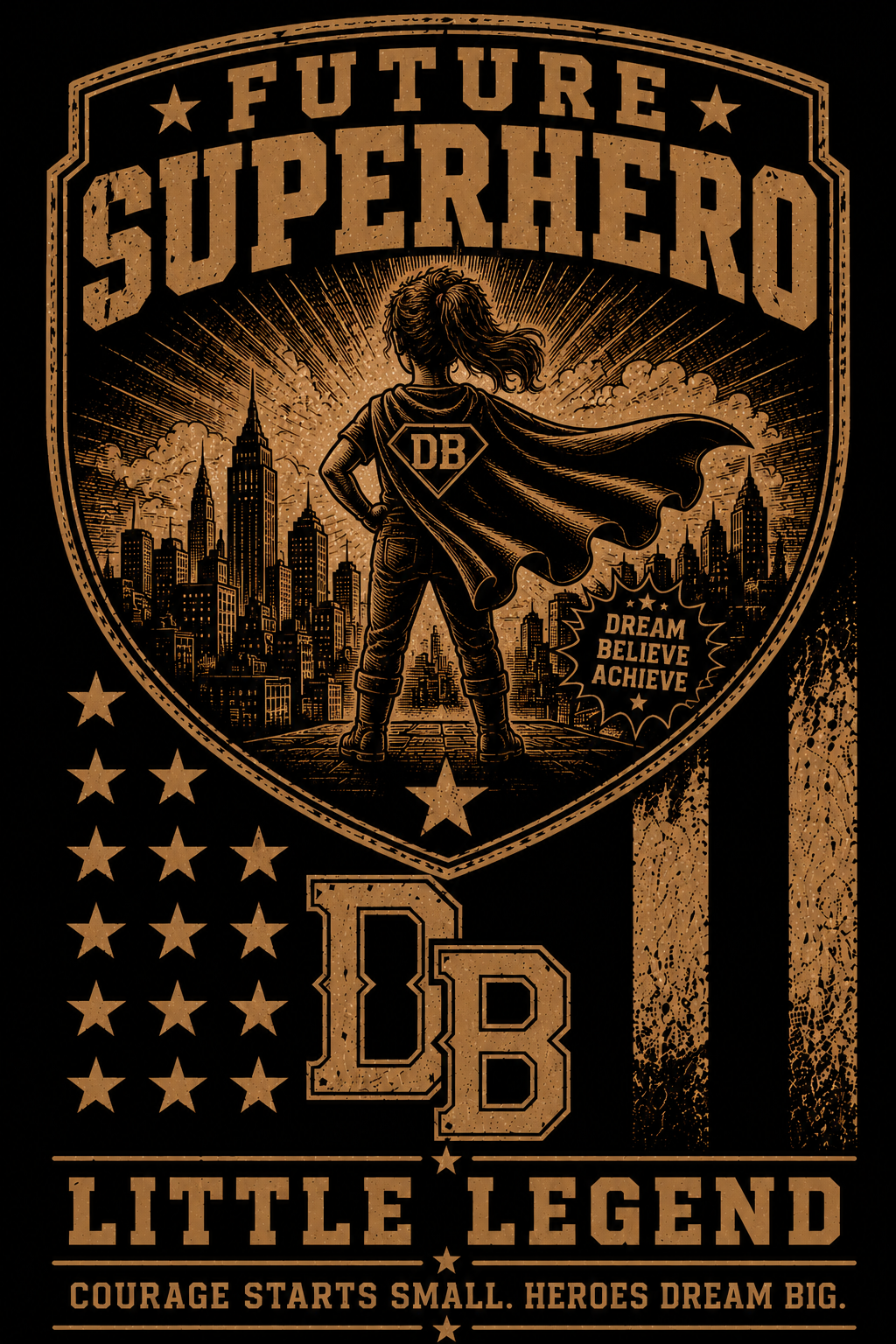 Youth Super Hero Girl vintage graphic T-shirt by DREKK™ Boots Co., black cotton T-shirt with colorful hero illustration.