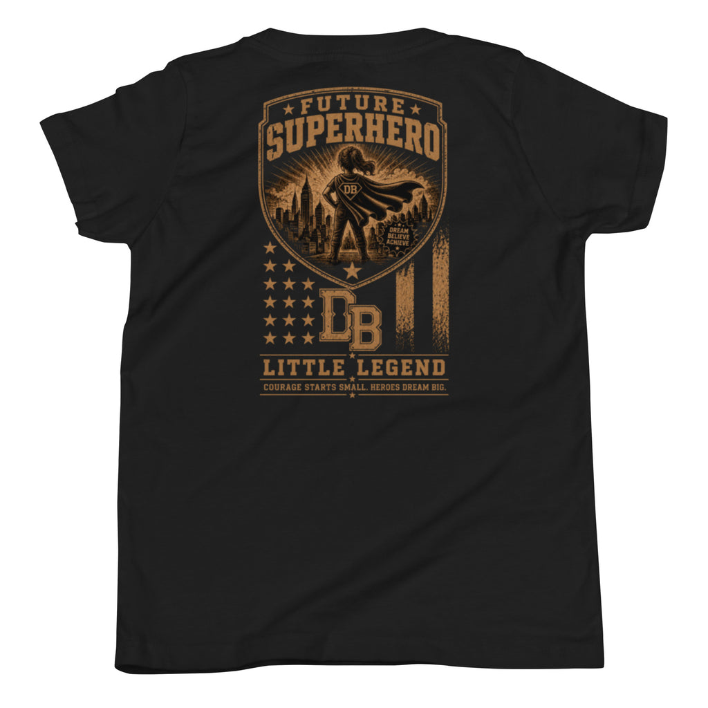 Youth Super Hero Girl vintage graphic T-shirt by DREKK™ Boots Co. featuring a colorful superhero girl design on black fabric.